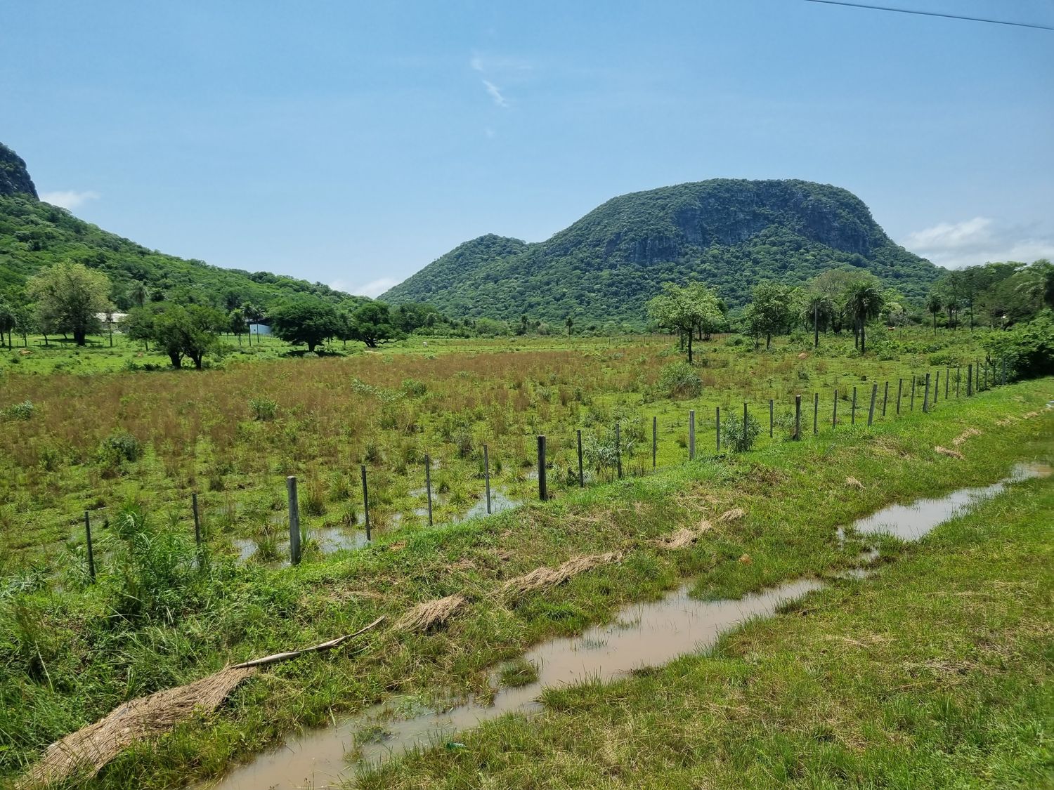 Weide mit Zaun und Wasserlauf vor einem Felsberg